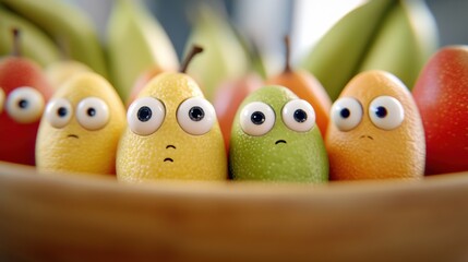 A bowl of fruit with faces and eyes made out of different fruits, AI