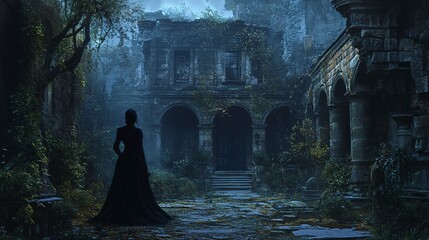 Wall Mural - Mysterious woman in a dark, overgrown courtyard with haunting atmosphere and ancient architecture, evoking a sense of horror and intrigue 