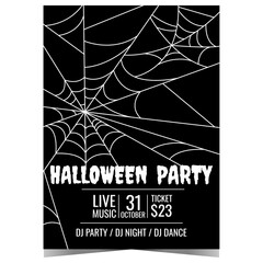 Halloween party invitation poster with spider web on black background. Banner, leaflet or flyer to invite friends for holiday celebration in spooky ambiance with skittish decorations.