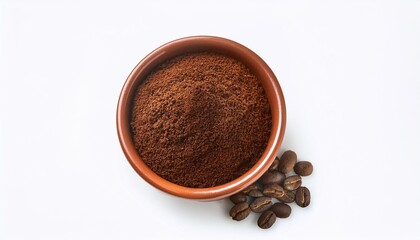 Sticker - coffee beans in a cup an ultra realistic image of a bowl filled with ground coffee and coffee beans isolated on a clean white background