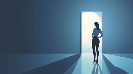 Wall Mural - Businesswoman Standing in Doorway Watching Her Shadow, Dreaming of Success, Ambition and Career Growth, Minimalistic Vector Illustration, Nighttime Mood