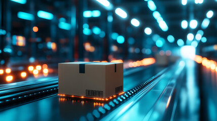 A brightly lit, futuristic warehouse with a cardboard box moving on a conveyor belt, surrounded by synchronized robotic systems working in perfect harmony to achieve fast micro-ful