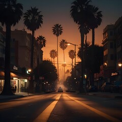 City in the midst of a warm, dusky sunset, a deserted street