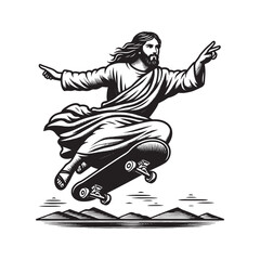 Poster - Jesus on a skateboard. abstract vector black hand drawn illustration. Tattoo, print, sketch