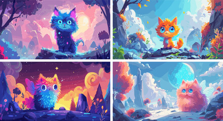 Sticker - Alien planet cat cartoon vector scenes. Cute tail large eyes rocks stones trees radiant otherworldly feline glow cosmic monster animal creature concepts