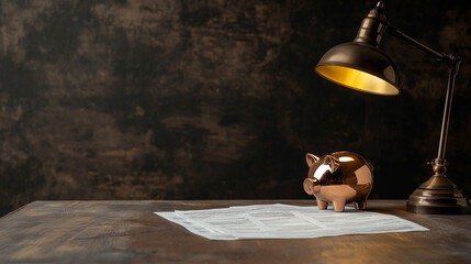 A vintage copper piggy bank placed on an old wooden desk with an antique lamp and financial papers, symbolizing historical savings methods and long-term wealth.