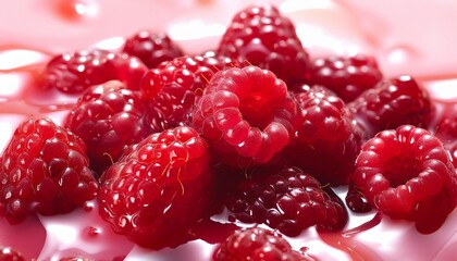 Wall Mural - close up of fresh raspberries in glossy syrup with vibrant red and pink colors