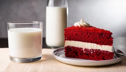 Wall Mural - red velvet cake slice with milk on the side