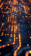 Poster - Glowing circuitry with orange lights, futuristic technology concept