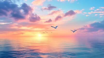 Canvas Print - A serene sunset over a calm ocean, with birds flying gracefully against the colorful sky.