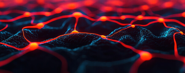 Canvas Print - A mesmerizing close up of textured surface illuminated by glowing red pathways, creating dynamic and innovative visual experience. interplay of light and shadow evokes sense of depth and movement