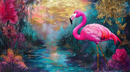 Canvas Print - Golden Flamingo Dreams A Mixed Media Masterpiece of a Pink Flamingo in a Mystical Landscape with Gold Leaf and Vibrant Colors 