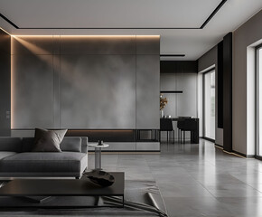 Aesthetic elegant minimalist modern interior design. Clear mock up empty wall for decoration in the apartment. Copy space in the room. Neutral palette of natural colors.