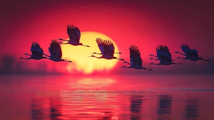 Canvas Print - Moment a flock of migrating sandhill cranes takes flight against a backdrop of a crimson sunset, their outstretched wings casting dramatic shadows on the rippled surface of a tranquil lake below