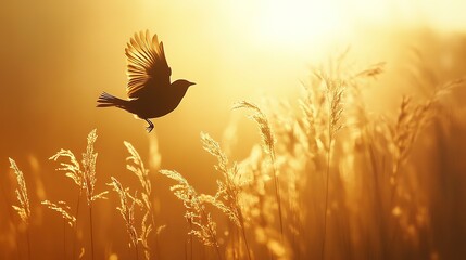 A silhouetted bird taking flight amidst golden rays and waving grass in early morning light