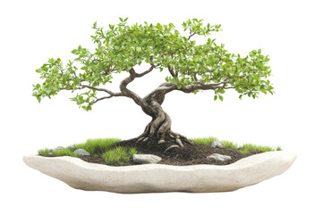 A beautiful bonsai tree with lush green leaves, showcasing intricate details of nature in a modern pot.