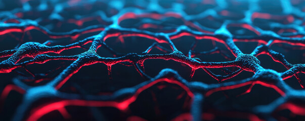 Canvas Print - A close up view of neural network structure, showcasing intricate patterns in vibrant red and blue colors. image evokes sense of advanced technology and innovation