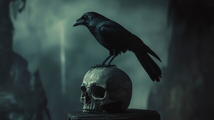 Wall Mural - A black crow perches on a human skull in a dark, moody setting.