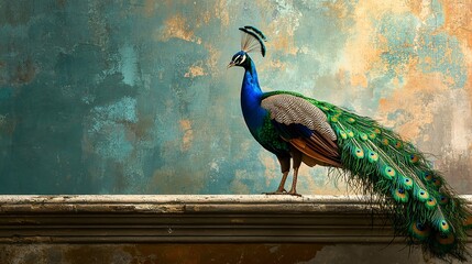 Canvas Print - Peacock perched on ledge, tail feathers spread, green, blue, brown wall backdrop