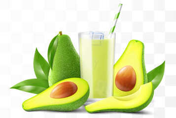 Wall Mural - A glass of fresh avocado juice with a straw. Cup of smoothie or cocktail with avocado fruits isolated on transparent background. Realistic 3d vector illustration