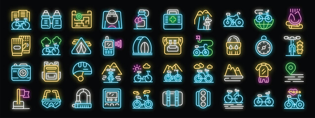 Cyclist traveling with bicycle in mountains and carrying backpack neon icons set vector