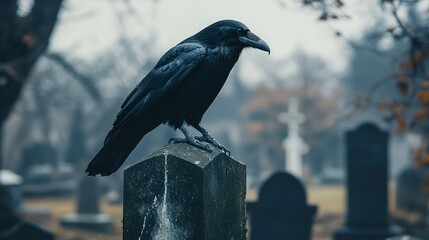 Canvas Print - Black Crow Perched on a Gravestone in a Cemetery on a Cloudy Day 