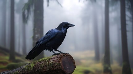 Wall Mural - Raven on a Log in the Misty Forest 