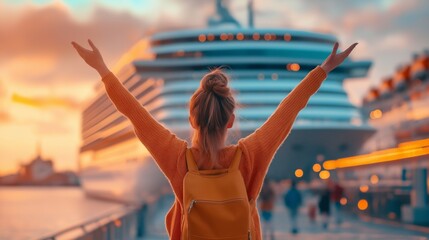 woman with arms raised in excitement facing a cruise ship at sunset