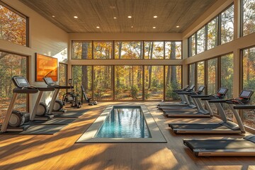 Poster - Modern Fitness Center with Indoor Pool and Forest View