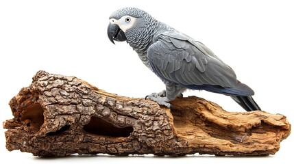 Poster - African gray parrot bird perched on a log isolated on white background 