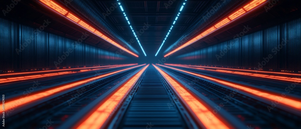 Futuristic tunnel with glowing lights in blue and orange, creating a ...