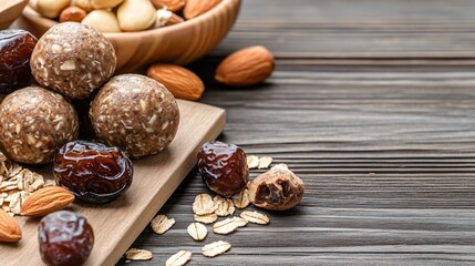 Nutritious Vegan Peanut Butter Energy Balls on Wooden Table with Oats, Dates, and Almonds for Healthy Snack Option