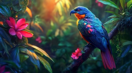 Sticker - A rare and exotic bird perched on a branch in a lush, vibrant jungle. The bird features iridescent feathers and striking colors, surrounded by dense green foliage, colorful flowers