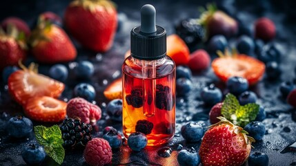 A vaporizer container that holds flavored e-liquid with fruit and berry infusions for vaping