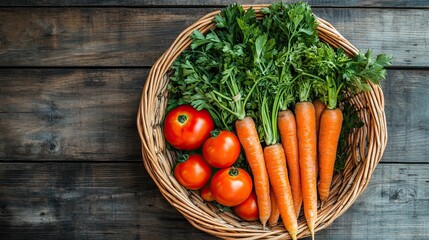 Wall Mural - 1. A basket filled with freshly harvested organic vegetables, including carrots, tomatoes, and leafy greens, set against a rustic wooden background, celebrating farm-to-table sustainability