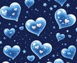 © JT-Dee - Seamless pattern of glowing blue heart shapes with stars on a dark background. Perfect for romantic, Valentine's Day, or dreamy designs.