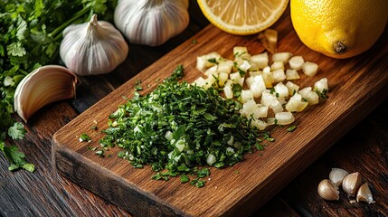 5. A wooden cutting board with freshly chopped organic herbs, garlic, and lemon, ready for cooking, illustrating healthy, natural ingredients