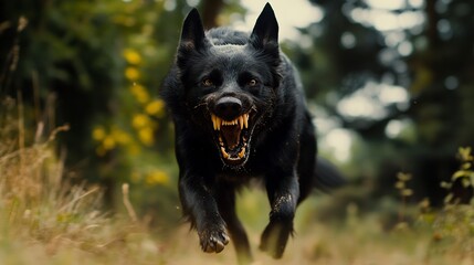 Poster - A black dog with sharp teeth growls while running towards the viewer 