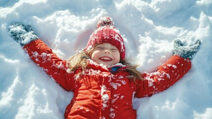 A child making snow angels in the fresh snow, with a bright smile on their face.