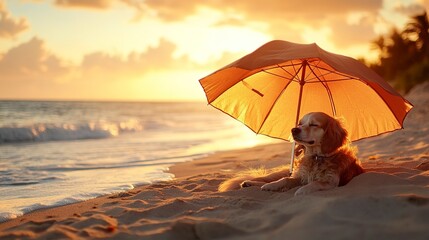 Poster - A relaxed dog enjoys the shade under an umbrella on a sandy beach during sunset 