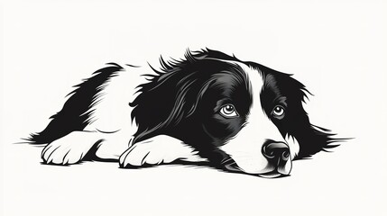 Sticker - simple vector logo of border collie, laying down on the floor, white background, black and white