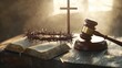 © 69 - A crown of thorns, wooden cross, Bible, and gavel arranged on a table, symbolizing faith and justice, bathed in soft light.