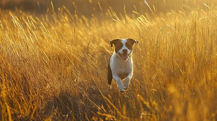 Wall Mural - Playful pup chasing its shadow in a field of tall grass picture 