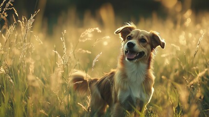 Sticker - Playful pup chasing its shadow in a field of tall grass picture 