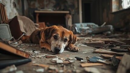 Sticker - A somber dog lying in a room filled with debris and broken objects, casting a sense of abandonment and decay.