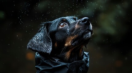 Wall Mural - Bird's-eye shot of a dog standing on two legs, wearing a raincoat, looking up at raindrops falling around.