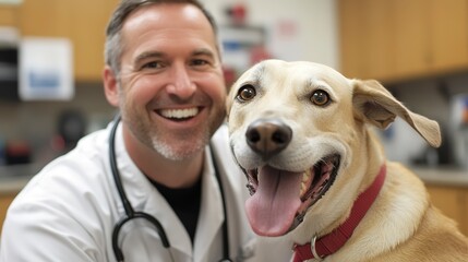 Canvas Print - A cheerful dog and a smiling veterinarian share a special moment of happiness and care, emphasizing the loving bond between pets and their healthcare providers. 