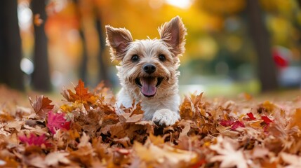 A dog joyfully playing in a pile of fallen leaves, with vibrant autumn trees in the background.