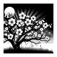 Wall Mural - sakura flower tree against a vibrant spring sky pop art black and white design