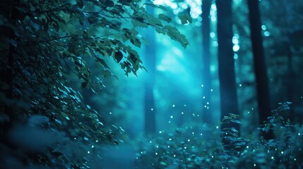 A forest enveloped in soft blue light, with green leaves glowing, creating an otherworldly, mysterious ambiance